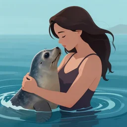 a woman has risen from the sea together with a seal and they embrace each other., hd, artstation trending