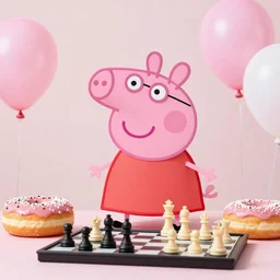 photo of Peppa Pig, pink-frosted donuts, pink balloons, chess board, 50mm, beautiful photo