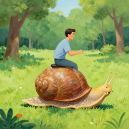 A painting of a man riding on a giant snail in a park