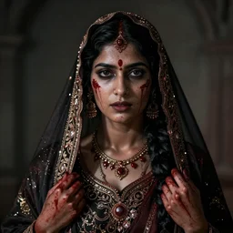 beautiful Hindu lady of the dark with veil, cover with blood, horror terrifying, soft light, realistic, photorealistic, ultra detailed, high definition, irwin penn, full HD, 8k!