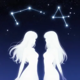 masterpiece epic retrowave art, trending on art station, zodiac gemini constellation of white two girls in the starry sky