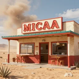 realistic exterior photo of a mexican restaurant, vaporwave, in a flat barren desert. sandstorm, 15mm. Very detailed 8k. Sharp. Cinematic post-processing. Unreal engine. Nanite. Ray tracing. Parallax. Tessellation