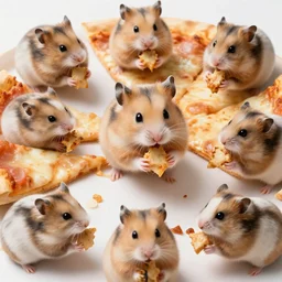 detailed photo of a hamster eating pizza, various poses, full body, daylight, 8 k