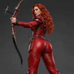 Female archer, dnd, d&d, leggins, red skintight leather armor, red hair, Low-Angle, visible face!, beautiful face!, alluring, toned derriere, high fantasy, realistic!, matte painting, by wlop, by tomasz alen kopera, cgsociety