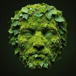 leaves, vines, moss in the shape of a face, foliage face, concept art by H R Giger