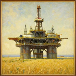 A beautiful painting of an offshore oil rig, standing in a golden wheat field, fine art, painted by carl larsson and alphonse mucha, art deco