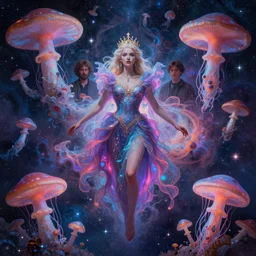 portrait of queen of dreams, extremely beautiful is floating and merging among many nebula stars with lots of gigantic mushrooms and jellyfish, symmetrical composition, by gediminas pranckevicius, rafal olbinski, rob gonsalves, peter gric, digital painting, octane rendered, intricate details, neon colors vibrant colors, trending on artstation