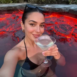 selfie of a happy person drinking a martini inside a pool filled with hot lava
