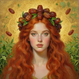 epic painting, full figure portrait of beautiful goddess with wavy red hair with sweet dried dates fruits, medjool dates, dried dates crown,, green tea leaves background, golden glow background, drawing, photography by amy leibowitz, wlop, jeremy lipkin, beeple, intricate golden fractals, team leaves flying in the sky, symmetrical front portrait, artgerm