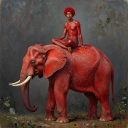 omega red sitting on an elephant, oil on canvas, intricate, full scene, 8 k highly professionally detailed, hdr, joe jusko