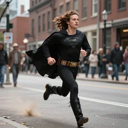 Long shot of a 20 years old wampanoag man in a black super hero costume running in the streets of Boston, leaving behind him a trail of dust and sparkles, very high quality photography