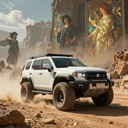 an offroad suv designed by apple driving through socotra island, artgerm and greg rutkowski and alphonse mucha, an epic fantasy, volumetric light, detailed, establishing shot, an epic fantasy, trending on art station, octane render, midsommar
