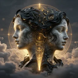 epic illustration, abstract sculpture of beautiful two female faces and black swirling liquifying acrylic portrait, fluffy clouds, mechanical superstructure, sacred geometry, glowing edges, golden hour, beautiful light, sculpture of carving marble, dark colors, dark mood, one point light, golden spirals, clockwork, epic matte painting, concept art, bokeh, digital painting