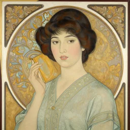 intricate burmese art nouveau painting : beautiful dark - haired woman journalist alex wagner in a 1 9 2 0 s chin - length bob hairstyle, little black dress, soft light, and mischievous smile, by mucha, rutkowski. manara, serpieri, wlop,