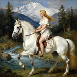 a painting of a very beautiful blonde woman riding a white horse by a beautiful river in a virgin forest with snowy mountains in the background, in the style of michelangelo, highly detailed, award winning