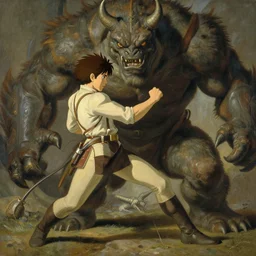 portrait of a aaron taylor johnson fighting a monster, jodhpurs greg manchess painting by sargent and leyendecker, studio ghibli fantasy close - up shot symmetrical intricate elegant matte painting illustration hearthstone, by greg rutkowski by greg tocchini by james gilleard,