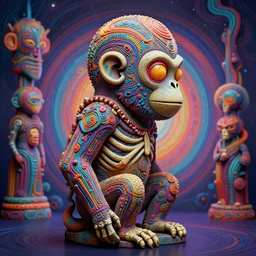 side view of a surreal portrait statue of alien skeleton monkey as a psychedelic neural tiki reptile stone god by naoto hattori, android jones, and chris dyer, deep bold colors, galactic dmt entity, depth of field, intricate beautiful painting, billions of details, octane render, portal, 8 k, detailed vector, trending on artstation, cgisociety