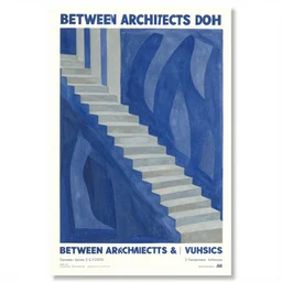 poster for art exhibition between architects and musicians, in the style of blue collages of matisse, muted colors, staircase, pattern.