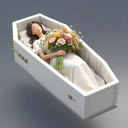 an elaborate floating coffin with a mysterious woman sleeping and holding a large bouquet of flowing flowers, hands hidden under the bouquet, side view, fantasy, regal, intricate, by stanley artgerm lau, greg rutkowski, thomas kindkade, alphonse mucha, loish, norman rockwell