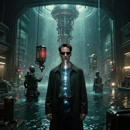 a film still from the matrix by ian hubert - endless machine - built underground facility that controls atmosphere, water and power, scale of a city, water - logged, medium shot, waist up, bloom, dramatic lighting, behance, game environment design, artstation, deviant art,