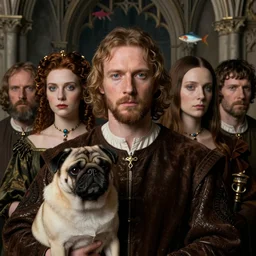 medieval jan van eyck cloeup face portrait of big lebowski with a pug, nicoletta ceccoli, mark ryden, lostfish, hyung tae, frank frazetta, depth of field, detailed and intricate gothic environment, 8 k resolution, hyperrealistic, octane render