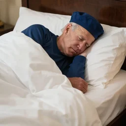 comfy joe biden sleeping in big comfy bed under the covers with bedcap on