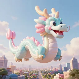 elaborate, giant, massive, detailed, 3 d, pastel, blowup balloon dragon with eyes and mouth, twisting geometry, floating in a 3 d painted sky, cinematic, 3 d designed city, 4 k by'eva cremers'and'lesley barnes'and'jordan coelho'