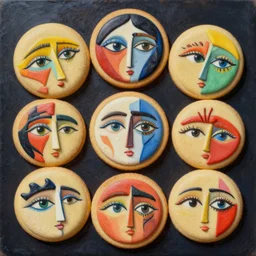 intricate five limited edition cookies by pablo picasso, oil on canvas, hdr, high detail, photo realistic, hyperrealism, matte finish, high contrast, 3 d depth, centered, masterpiece, vivid and vibrant colors, enhanced light effect, enhanced eye detail, artstationhd