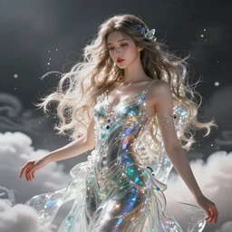 a beautiful female goddess of the glass character, character is in all its glory, character is in her natural relaxed pose, rim lights, particles and dust in the air, fancy clouds, highly detailed professional photo, dynamic lights, particles are flying, depth of field, trending on artstation, professional illustration, hyper realistic, vray caustics, super detailed, colorful accents, cinematic shot