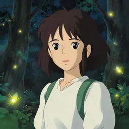 a detailed portrait of a young girl resembling lily james lost in the forest at night with firefly fairies, trending on pixiv fanbox, painted by makoto shinkai takashi takeuchi studio ghibli, akihiko yoshida, yoshitaka amano, wangechi mutu, clean cel shaded vector art, illustration, hd, 8 k
