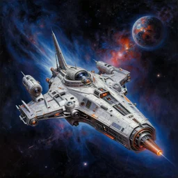 atompunk space ship sailing the infinite cosmos, grand scale, raygun gothic style, painting by h. r. giger