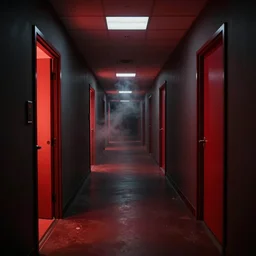 spooky photo of an infinite hallway with open lit doorways all the way down, dramatic lighting, smoke, ceiling fluorescent lighting, black and red colour palette