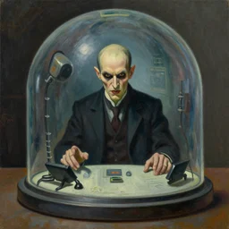 portrait of an evil mastermind inside a dome - shaped control center, evil lair,'pj crook '!!,'grant wood '!!, edward hopper, oil on canvas
