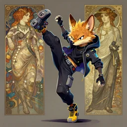 anthropomorphic furry coyote character in cyberpunk clothes doing a kickflip. Renowned character illustration by greg rutkowski, thomas kindkade, alphonse mucha, loish, norman rockwell. Trending on artstation.