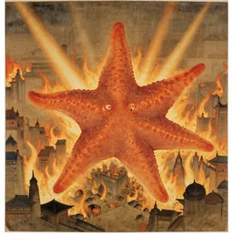 a goryeo era buddhist painting of a kaiju starfish creature, monster over burning cityscape, light burning through the painting,, ink painting, black and white and red and yellow, glitchy sliced zonal drawing, mirror flare, light leak, color bleed, texture