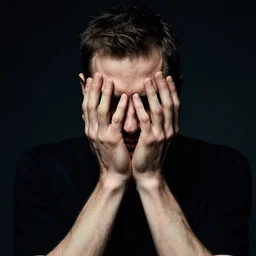 holding his face in his hands, in the style of peter mohrbacher, artgerm, dramatic lighting and composition