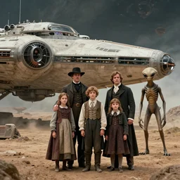detailed, 65536k film still from a sci fi blockbuster color movie made in 2019, set in 1860, of a family standing in front of a spaceship that has just landed on an alien planet, a humanoid alien creature stands nearby, the family are all wearing 1860s era clothes, good lighting, good photography, in focus