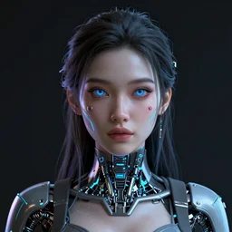 a 3D render portrait of a cyberpunk female, detailed, realistic eyes, symmetry body features proportions, bioluminescence, nano tech, cybertech wear, synthwave, award winning, trending in cgsociety artstation deviant art