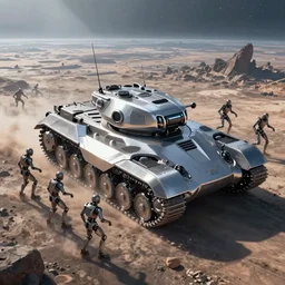 sleek, futuristic nanite war machines. intelligent nanomachine swarms forming a sleek, cohesive tank. combined arms combat on a sci - fi alien planet. concept art.