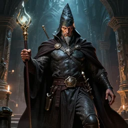 highly detailed, hyper realistic wizard with a dungeon background by mike mignola