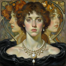 hyperrealist portrait half body shoulder tribal pearl jewelry submerge in a black pearl waves, wet by lucian freud and alphonse mucha,, very detailed faces