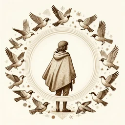 centered portrait of illustration, a person with a cloak traveling in birds, race, intrincate, art by jean giraud and moebius