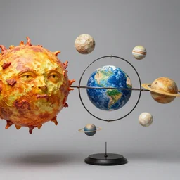 a kinetic sculpture of this solar system, sun, mercury, venus, earth, mars, jupiter, saturn, uranus, neptune, pluto, orrery, canon 5 d 5 0 mm lens, papier - mache, studio, official intelligence