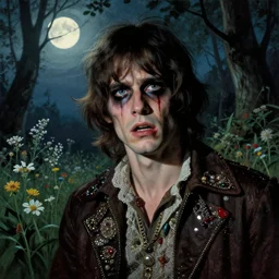 a handsome but creepy man in layers of fear, with haunted eyes, violence in her eyes, wearing a punk outfit, 1 9 7 0 s, seventies, delicate embellishments, a little blood, woodland, moonlight shining on wildflowers, painterly, offset printing technique, by alexandre cabanel