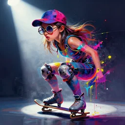 a skater girl wearing circular glasses, wearing a baseball cap, side portrait, defiant, passionate, spotlight, paint drips, glitching paint splatter, vibrant colors, dramatic, brush strokes, collage, futuristic clothing, digital painting, by marco paludet, by jeremy mann, by hannah hoch