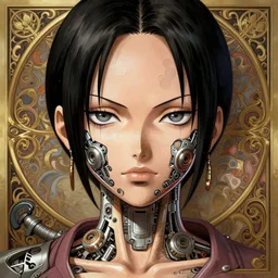 symmetry!! nico robin, machine parts embedded into face, intricate, elegant, highly detailed, digital painting, artstation, concept art, smooth, sharp focus, illustration, art by artgerm and greg rutkowski and alphonse mucha, 8 k
