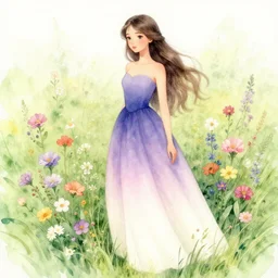 highly detailed watercolor, beautiful floral fairy in a meadow, beautiful face by leyendecke, ombre gown, long ombre hair, nostalgia for a fairytale, magic realism, flowerpunk, mysterious, vivid colors, by charles vess, anato finnstark, cinematic lighting