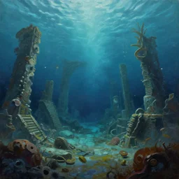 Trending on artstation, beautiful underwater ruins, detailed matte painting, oil on canvas