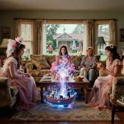 movie still by alejandro jodorowsky of a beautiful day in a family living room in a suburban neighborhood usa, visible magic energy, pretty dream creature costumes, dreamy temples, cats building a boat, magic parade float, cinestill 8 0 0 t eastmancolor technicolor, high quality, very detailed, heavy grain, fine facial features, 8 k, octane render