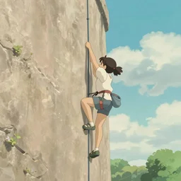 a girl climbing a very tall wall. detailed artworks, cinematic quality, ghibli, pastel tone.